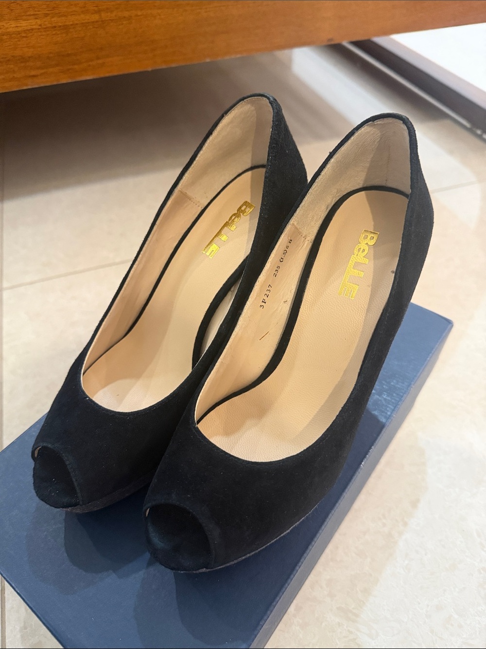 Elle Black Suede Peep-Toe Heels